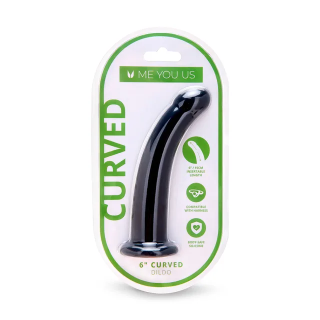glossy black Me You Us six-inch curved silicone dildo with flared base in package