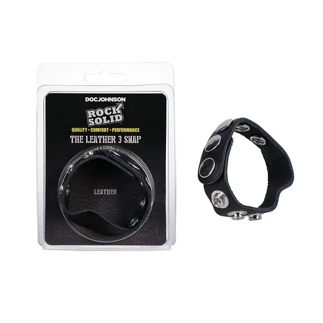 Rock Solid black leather five-snap cock ring beside front retail package in fastened circular shape