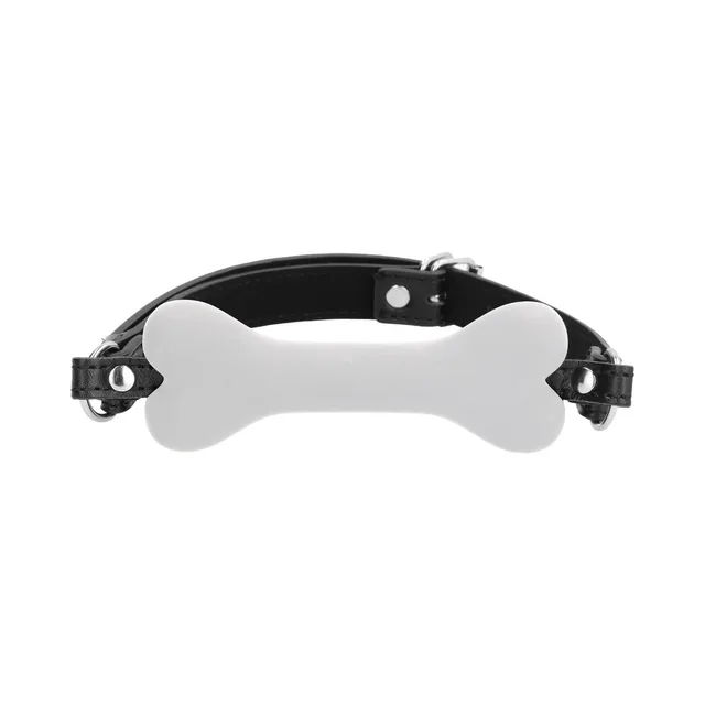 White bone-shaped silicone gag with black strap