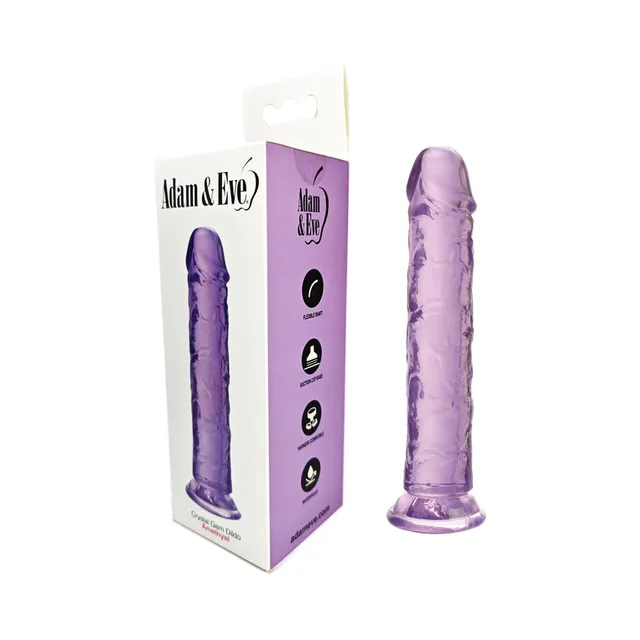 Amethyst Crystal Gem translucent purple dildo beside white retail box