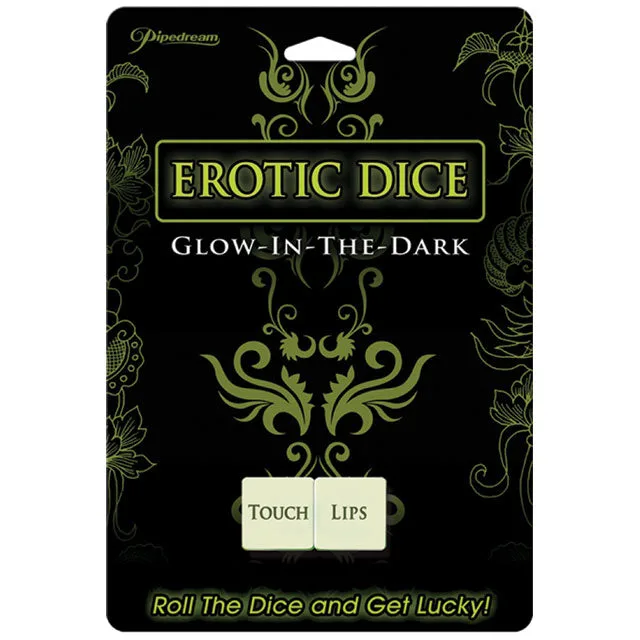 Black-and-green Pipedream Erotic Dice card with two glow-in-the-dark dice