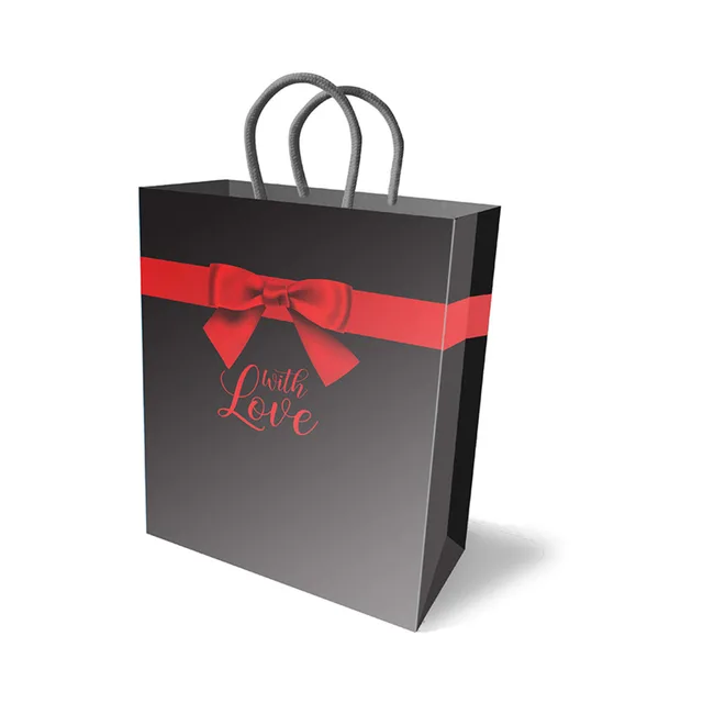 Black With Love gift bag with red bow graphic and handles