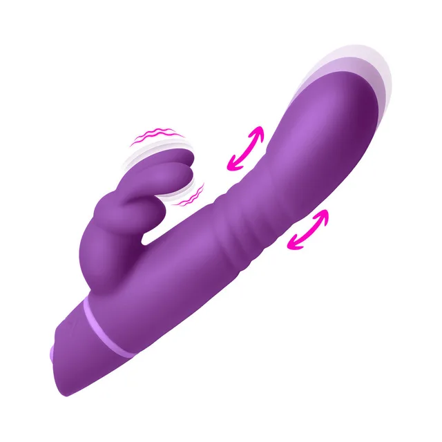 BANG purple silicone rabbit vibrator diagonal front view with shaft motion arrows