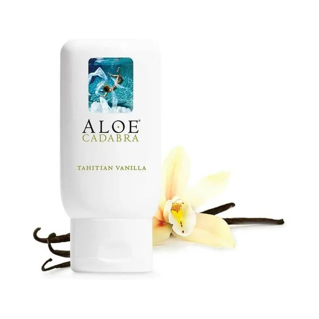 white Aloe Cadabra Tahitian Vanilla lubricant bottle with vanilla flowers and pods
