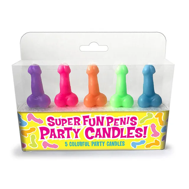 Super Fun phallic candles five purple, pink, orange, green and blue candles in clear display box