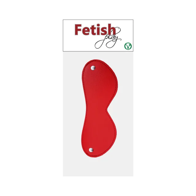 Red Rouge Fetish Play vegan-leather hourglass blindfold on retail card