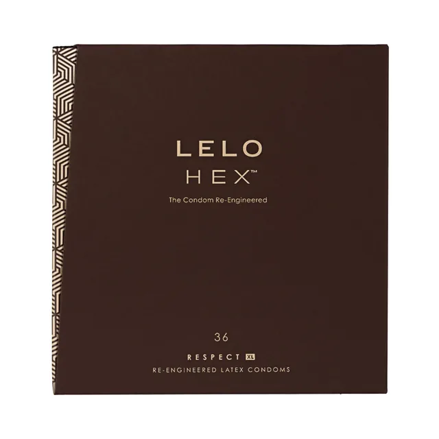Front of brown LELO HEX Respect XL 36-count condom box