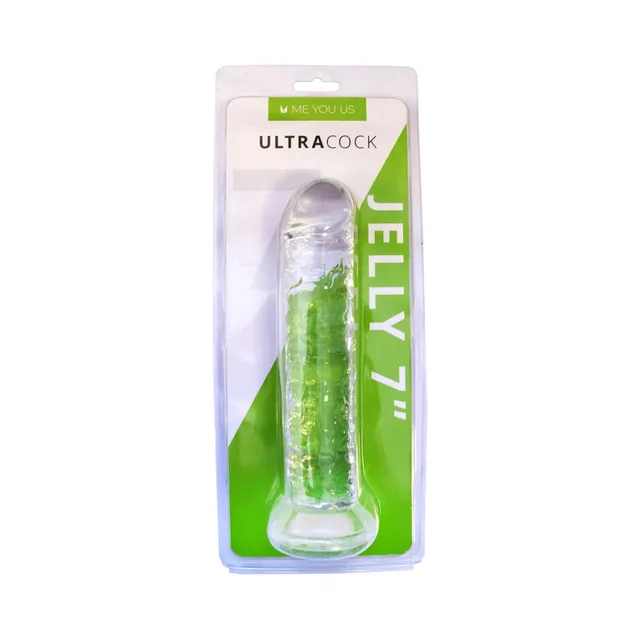 Me You Us Ultracock clear 7-inch jelly dong front view in clear blister with white-and-green product card