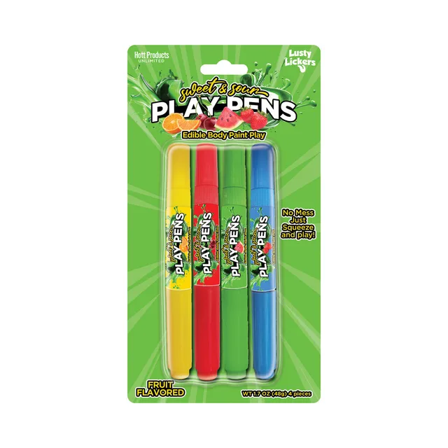four Sweet and Sour Play Pens in yellow red green and blue on a fruit-themed blister card