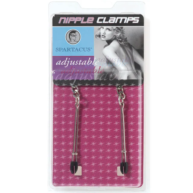 Spartacus adjustable tweezer nipple clamps inside clear retail package with twin chains and black-tipped clips
