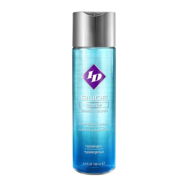 ID Glide Clear Lubricant 4.4 oz tall transparent bottle with silver disc-top cap