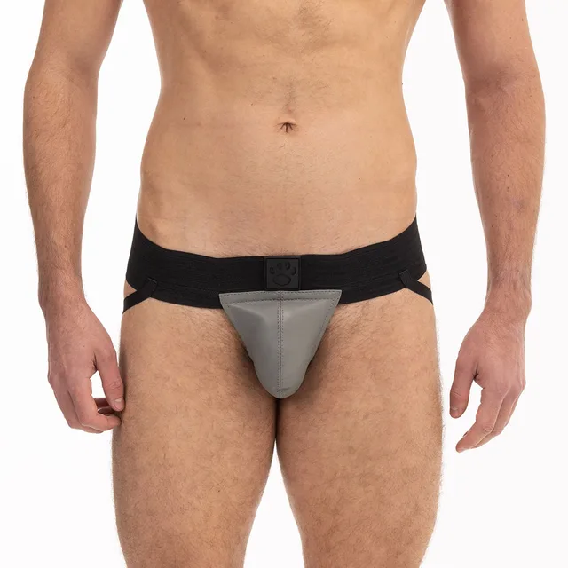 Front view of XL Prowler RED jock with gray leather pouch