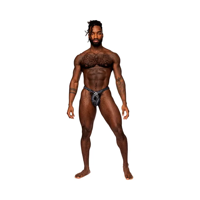 Front view of black and blue S'naked criss cross thong
