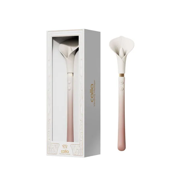 Zalo Aurora Calla Blossom Pink flower-head wand vibrator beside the tall windowed retail box