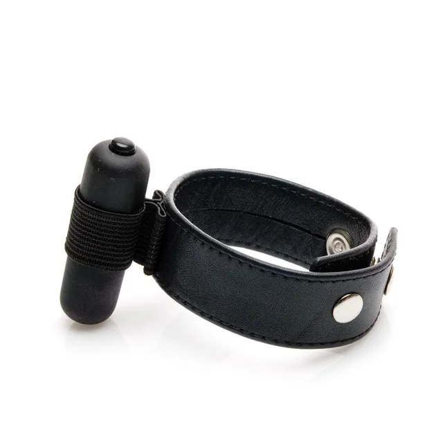 black leather TomCat vibrating ring with silver snaps and compact black bullet