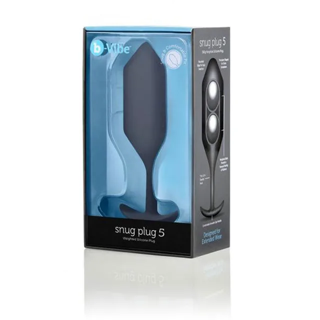 b-Vibe Snug Plug 5 black anal plug blue-and-black retail box with long tapered plug and rounded handle visible