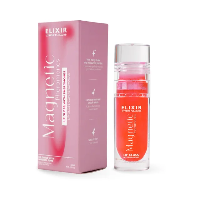 Elixir Magnetic coral lip gloss 0.17 oz beside pink retail carton