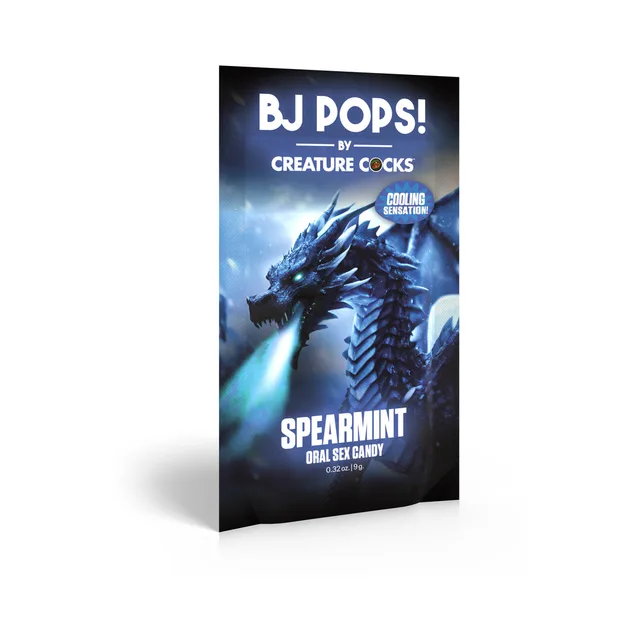Creature Cocks BJ Pops Spearmint black packet with blue dragon and spearmint flavor label