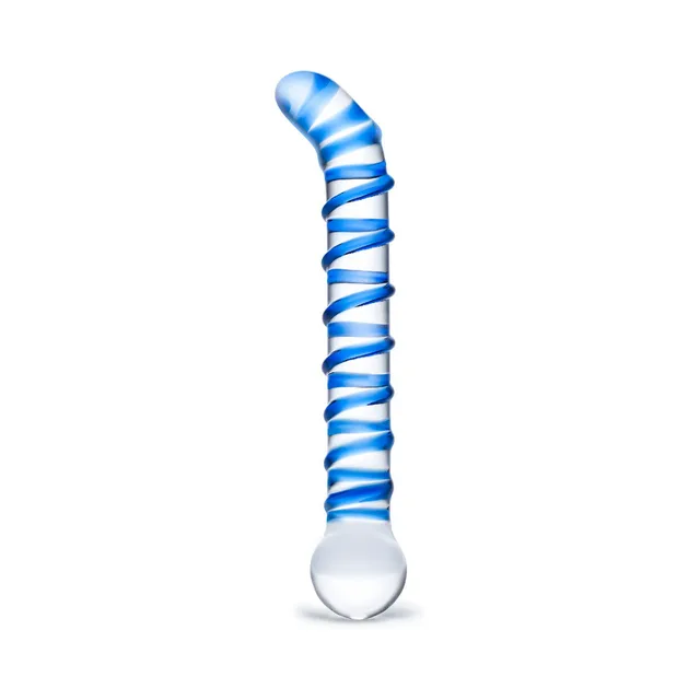 Glas Mr. Swirly glass dildo upright view with curved tip, blue spiral and round base