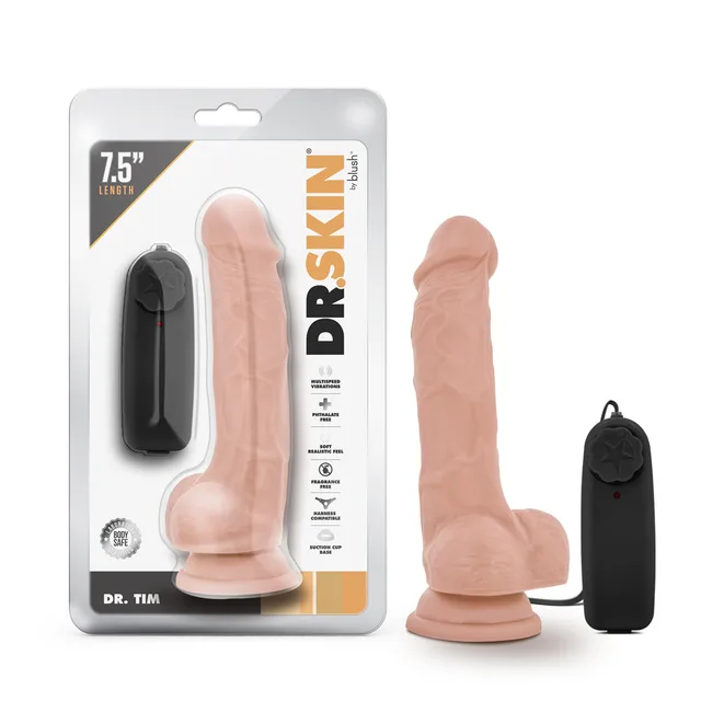 Blush Dr. Tim beige vibrator beside clear Dr. Skin retail package