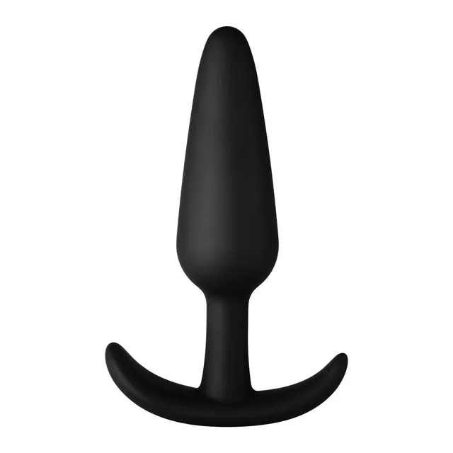 Front view of large black tapered plug and curved base