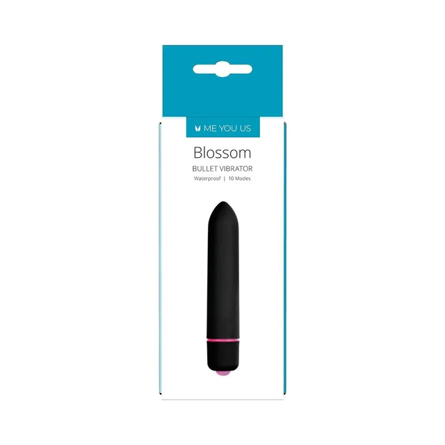 Me You Us Blossom black bullet vibrator upright in white package with teal header and thin pink accent ring
