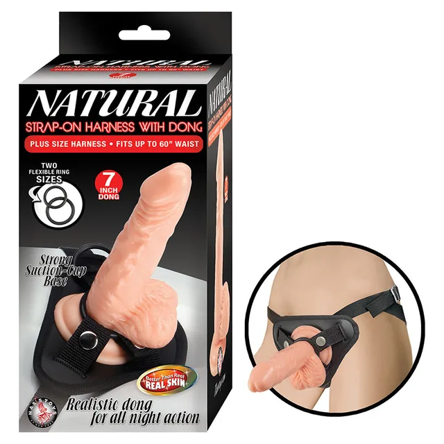 Natural strap-on harness package showing beige dong and black waist straps