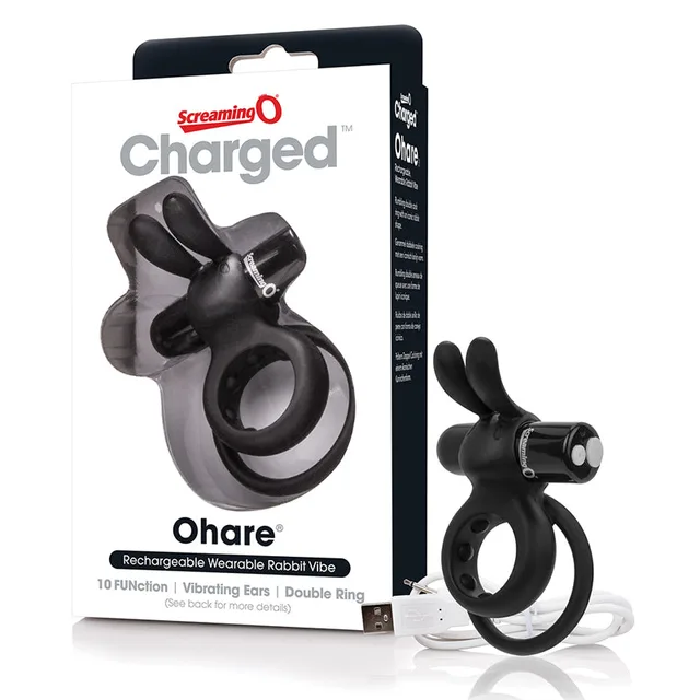 Screaming O Charged Ohare Black Mini Vibe beside white black retail carton and USB cable