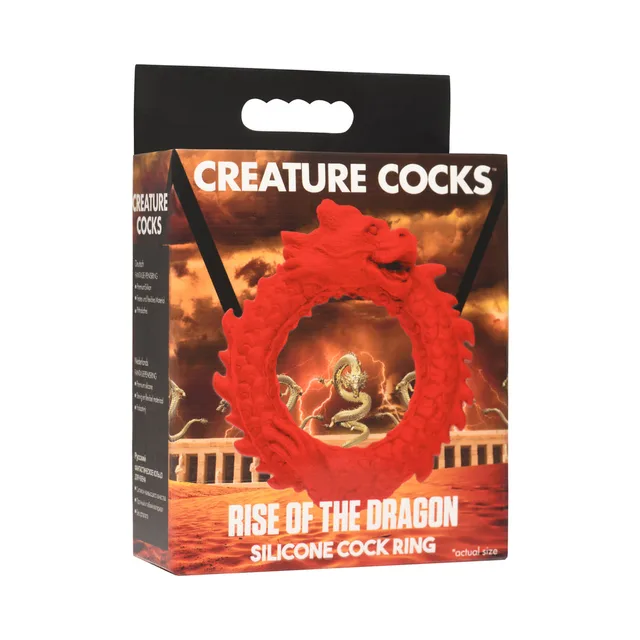 red Rise of the Dragon silicone cock ring with scaled circular body on box