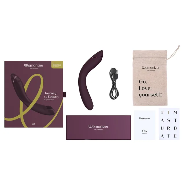 Womanizer OG aubergine device with box cable pouch and cards