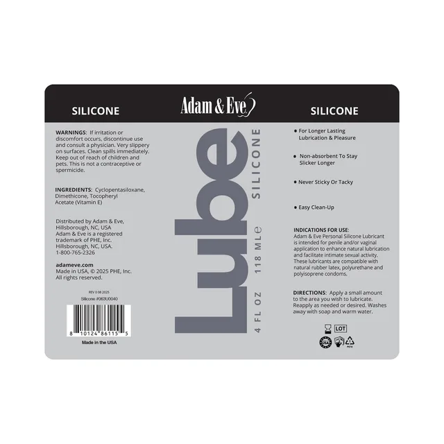 Adam & Eve Personal Silicone Lubricant 4 fl oz flattened front and rear bottle label artwork