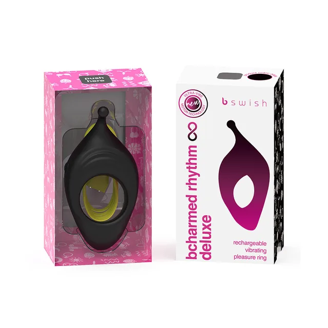 Black B Swish Bcharmed Rhythm ring displayed inside pink retail boxes