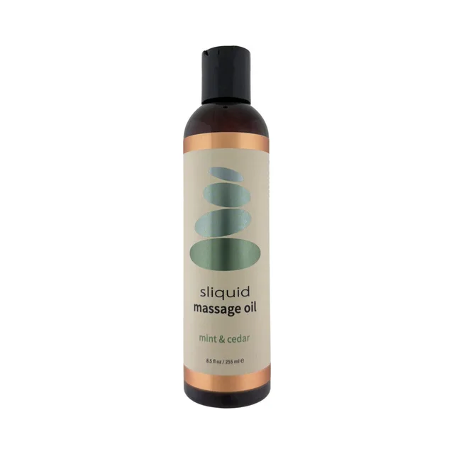 Sliquid Mint and Cedar Massage Oil 8.5 oz bottle with black cap and cream label