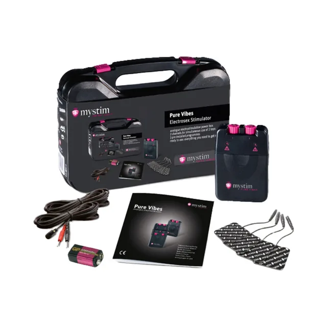 Mystim Pure Vibes kit with case controller cables pads battery and booklet