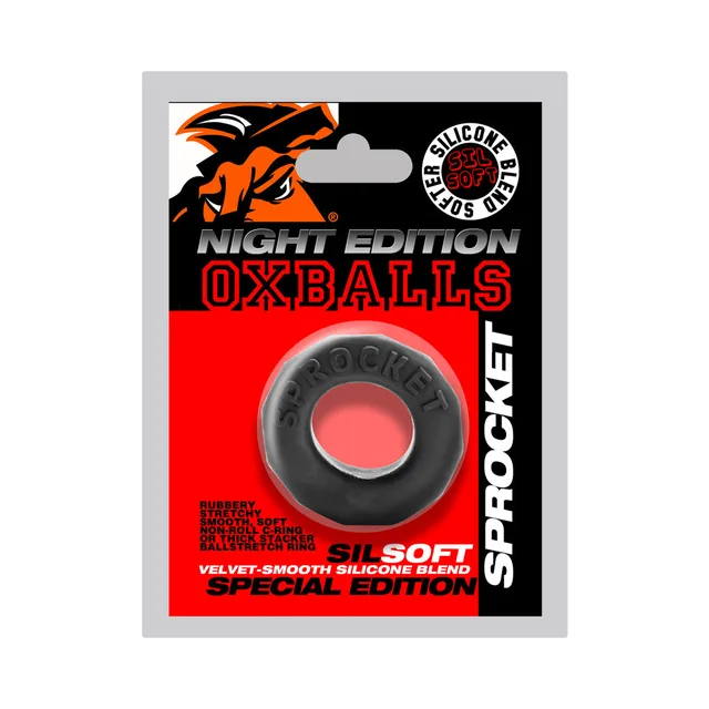 Oxballs Sprocket Night black textured silicone cock ring package