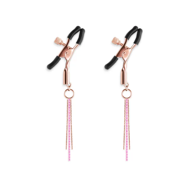 NS Novelties Bound D3 rose gold chain nipple clamps paired clamps with pink chain tassels
