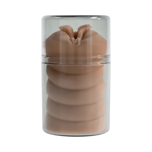 Beige ribbed Dani Daniels mini stroker inside clear storage case