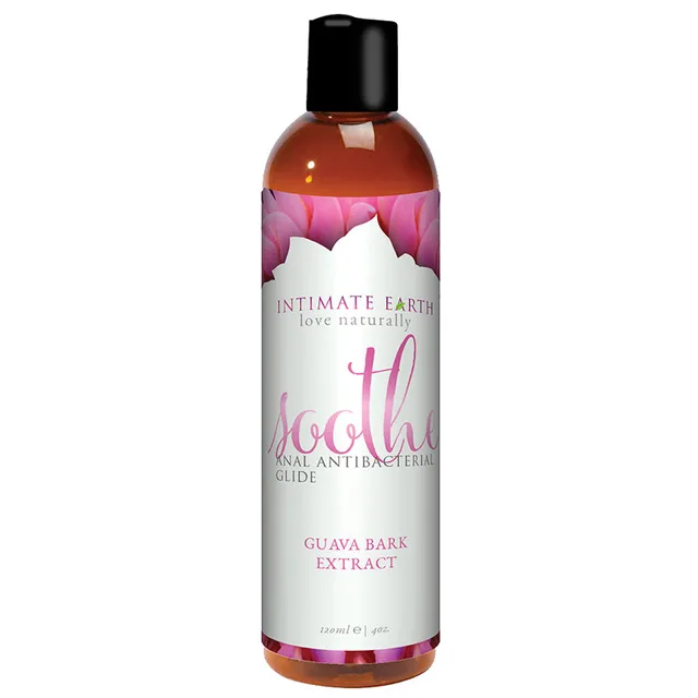 Intimate Earth Soothe 4 oz Glide tall amber bottle with pink guava bark label