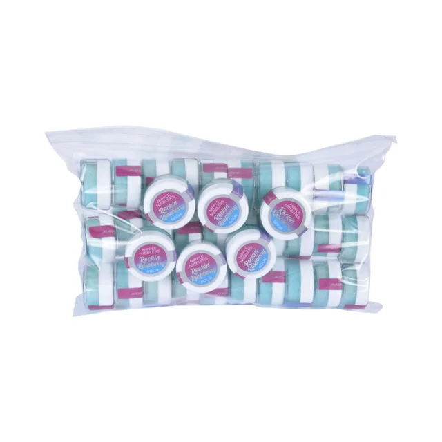 clear bulk bag filled with 36 Rockin Raspberry balm pots with purple labels and white lids