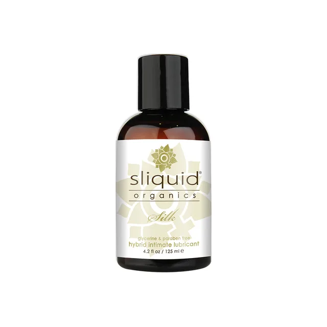 Amber 4.2 oz Sliquid Organics Silk bottle with black cap and cream botanical label