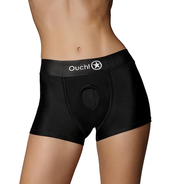 Shots Ouch black XS/S vibrating strap-on boxer front worn view