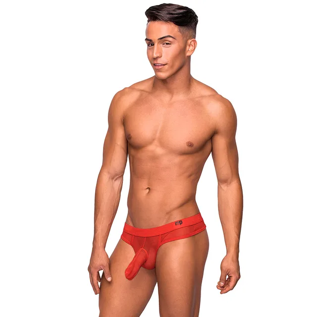 Male model wearing red mesh Matchmaker Hose Thong size S/M