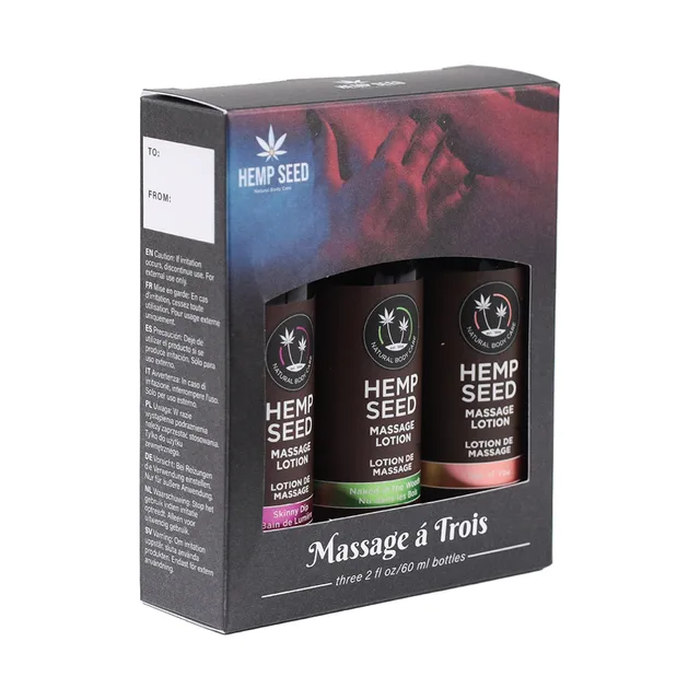Earthly Body Massage A Trois Lotion Gift Set three-quarter view of clear gift box