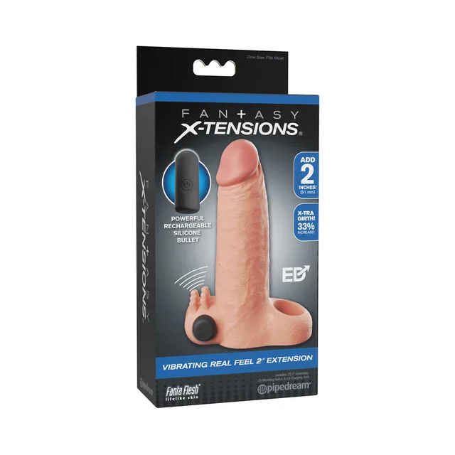 Pipedream Fantasy X-Tensions light 2-inch extension retail package with sleeve and rechargeable bullet pictured