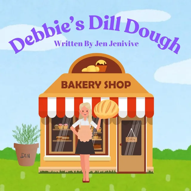 Front cover of Debbie's Dill Dough adult parody book with a woman standing outside a colorful bakery shop