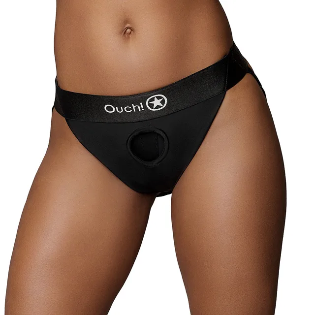 Shots Ouch black M/L open-back vibrating strap-on panty harness front worn view