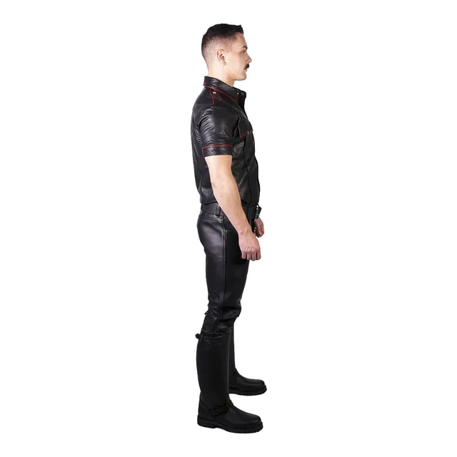 Full Side view of black Prowler RED Leather Jeans in 38-inch waist