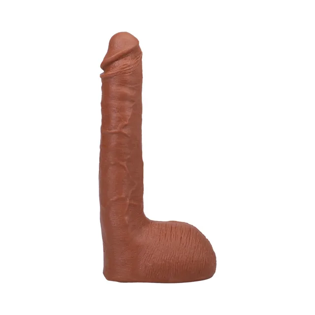 Side view of chocolate Ricky Johnson dildo with testicle base