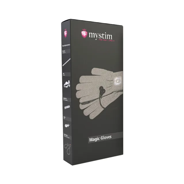 Mystim Magic gray e-stim gloves with black cuff connector pictured on tall black box