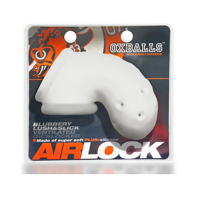 white OxBalls Airlock vented chastity cage on retail card